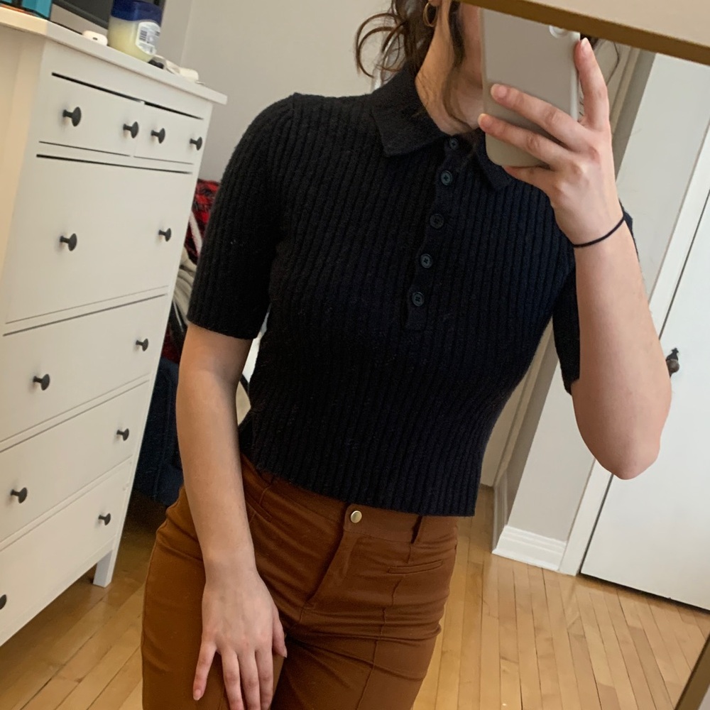 Women's Navy Ribbed Polo Top